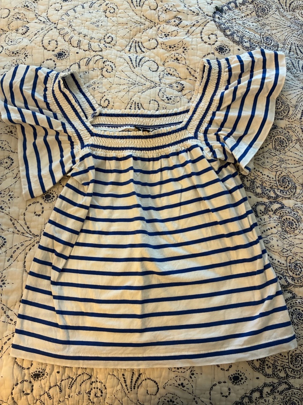 J. Crew White and Navy Smocked Stripe Top